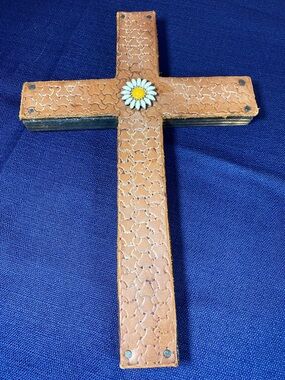 Handcrafted Brown Leather Cross Wall Décor with Daisy Accent